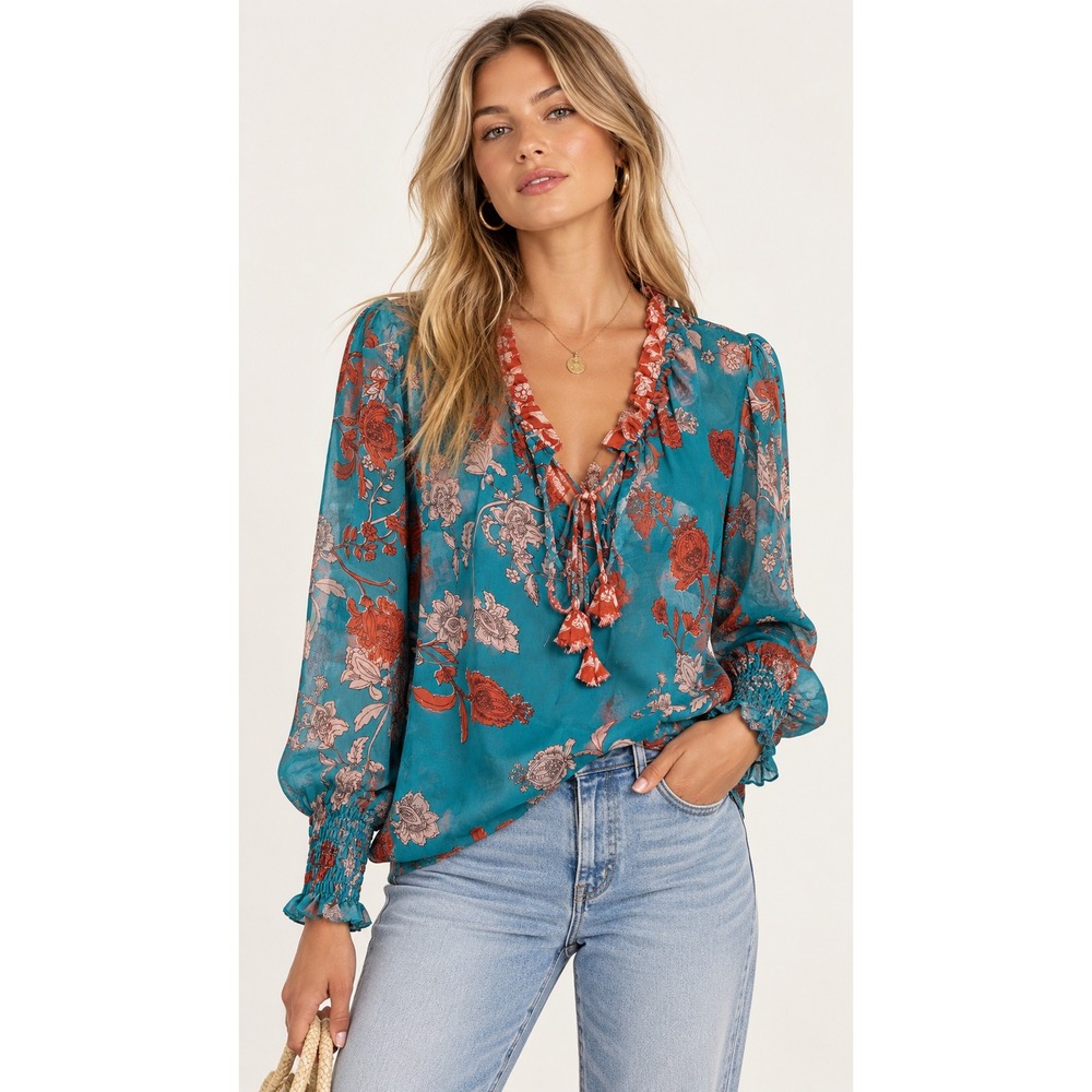 MISA Los Angeles Siena Top Teal Red Floral Ruffle V-Neck Smocked Cuff Blouse- S